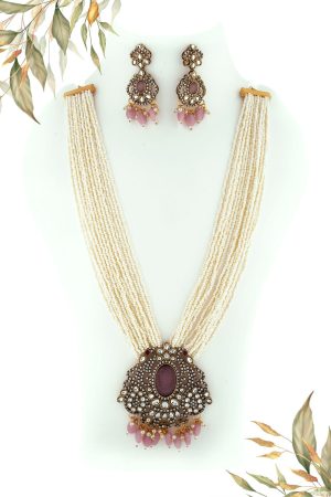 Pink Antique Plated Long Necklace Set for Women