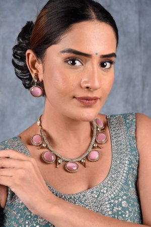 Premium Quality Gold Plated Pink Color Necklace Set