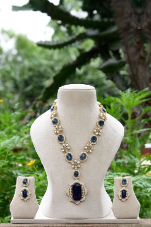 Navy Blue cz Stones and fine Polki Kundan Set