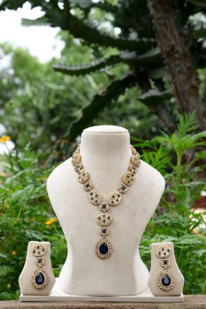 Beautiful American Diamond with Navy Blue Stone Necklace Set