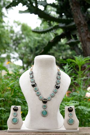Modern Sea Green and Black Color Stone Statement Necklace Set