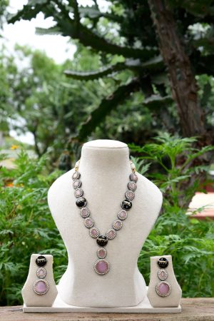 Modern Pink and Black Color Stone Statement Necklace Set