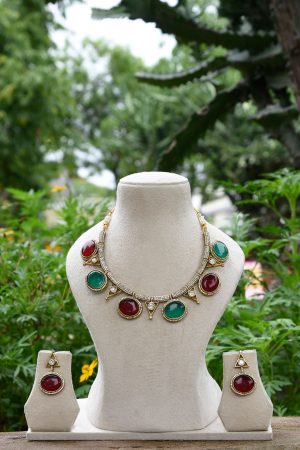 Premium Quality Gold Plated Red n Green Color Necklace Set