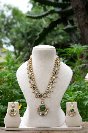 Moissanite Kundan Double Stone Marble Style Green and Golden Necklace Set
