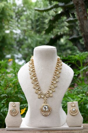 Moissanite Kundan Double Stone Marble Style Sea Green, Green and Golden Necklace Set