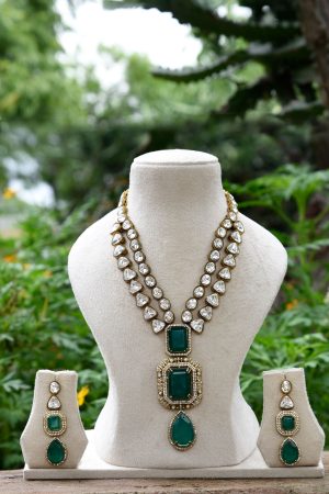 Green Victorian Style with Polki Kundan Stone Long Necklace Set