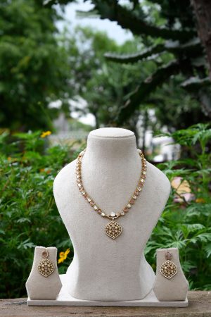 Pink and White Stone Kundan Gold Plated Victorian Style Necklace Set