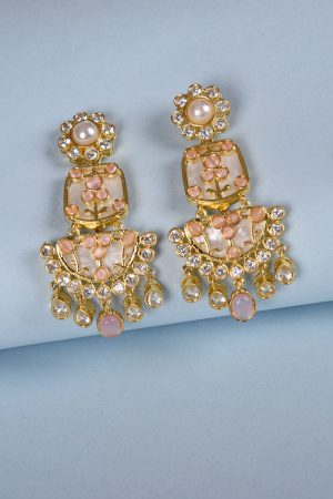 Traditional Gold Plated With Stunning Antique Finish Pink & White Stone Earrings
